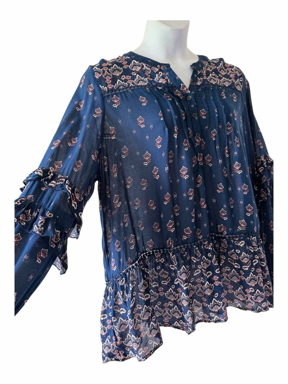 Knox Rose Cottagecore Navy Peasant Tunic Top Ruffled Pintucks Sz XXL New Boho - Picture 2 of 6